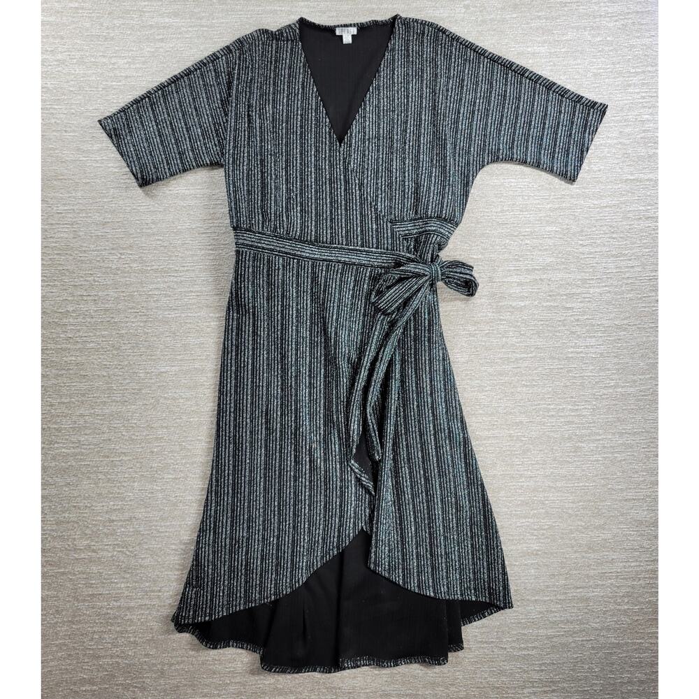 Spence Wrap Dress Womens Large Black Knit Silver Metallic Striped Cocktail Flowy